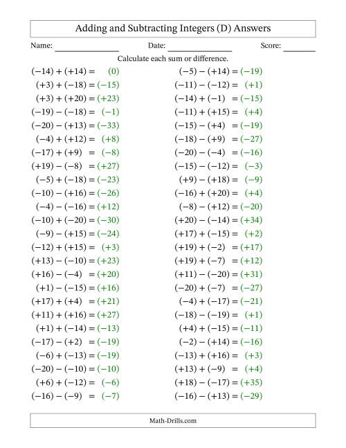 The Adding and Subtracting Mixed Integers from -20 to 20 (50 Questions; All Parentheses) (D) Math Worksheet Page 2