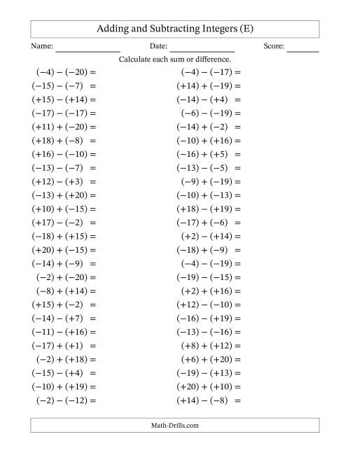 The Adding and Subtracting Mixed Integers from -20 to 20 (50 Questions; All Parentheses) (E) Math Worksheet