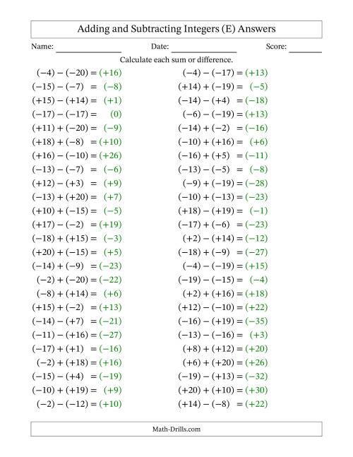 The Adding and Subtracting Mixed Integers from -20 to 20 (50 Questions; All Parentheses) (E) Math Worksheet Page 2