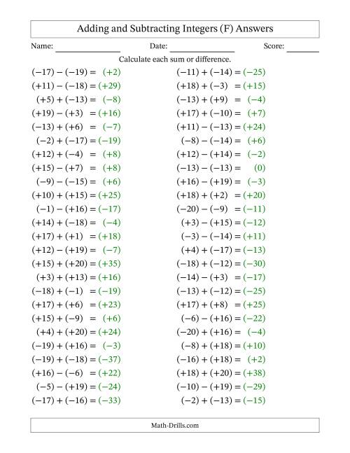 The Adding and Subtracting Mixed Integers from -20 to 20 (50 Questions; All Parentheses) (F) Math Worksheet Page 2