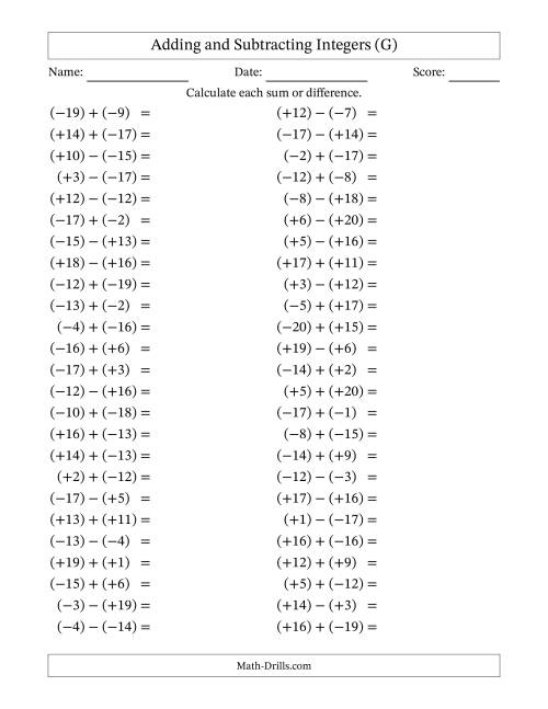 The Adding and Subtracting Mixed Integers from -20 to 20 (50 Questions; All Parentheses) (G) Math Worksheet