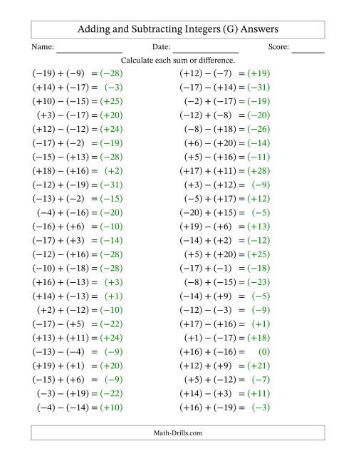 The Adding and Subtracting Mixed Integers from -20 to 20 (50 Questions; All Parentheses) (G) Math Worksheet Page 2