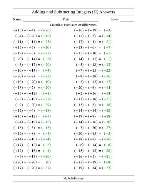 The Adding and Subtracting Mixed Integers from -20 to 20 (50 Questions; All Parentheses) (H) Math Worksheet Page 2