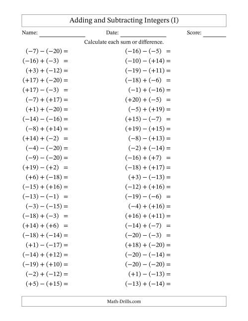The Adding and Subtracting Mixed Integers from -20 to 20 (50 Questions; All Parentheses) (I) Math Worksheet