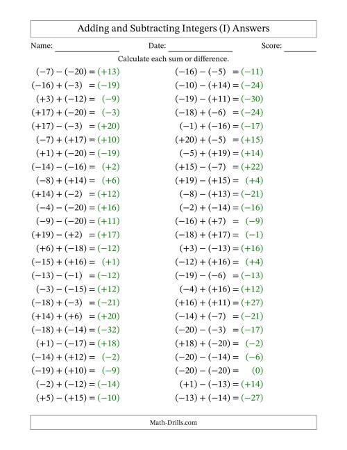 The Adding and Subtracting Mixed Integers from -20 to 20 (50 Questions; All Parentheses) (I) Math Worksheet Page 2