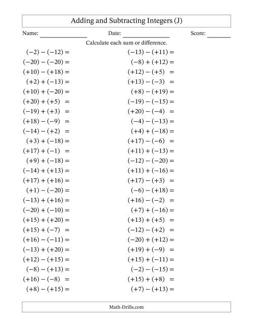 The Adding and Subtracting Mixed Integers from -20 to 20 (50 Questions; All Parentheses) (J) Math Worksheet