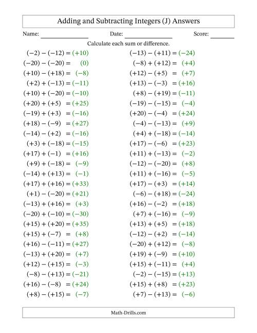 The Adding and Subtracting Mixed Integers from -20 to 20 (50 Questions; All Parentheses) (J) Math Worksheet Page 2