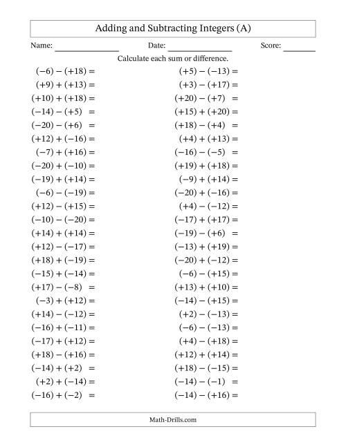 The Adding and Subtracting Mixed Integers from -20 to 20 (50 Questions; All Parentheses) (All) Math Worksheet