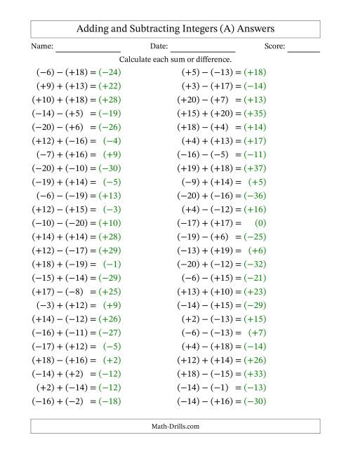 The Adding and Subtracting Mixed Integers from -20 to 20 (50 Questions; All Parentheses) (All) Math Worksheet Page 2