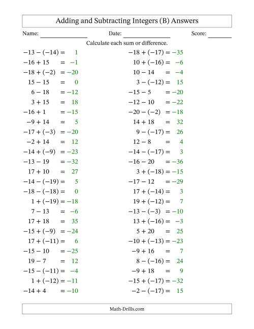 The Adding and Subtracting Mixed Integers from -20 to 20 (50 Questions) (B) Math Worksheet Page 2