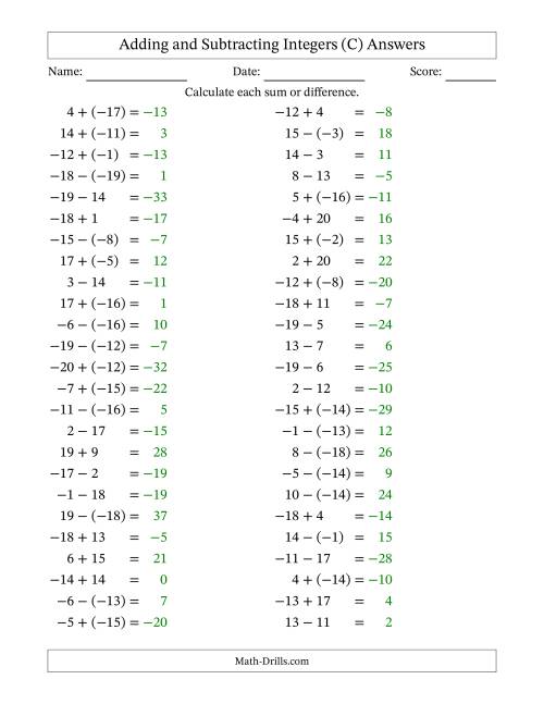 The Adding and Subtracting Mixed Integers from -20 to 20 (50 Questions) (C) Math Worksheet Page 2