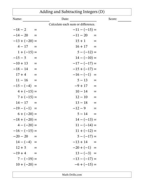 The Adding and Subtracting Mixed Integers from -20 to 20 (50 Questions) (D) Math Worksheet