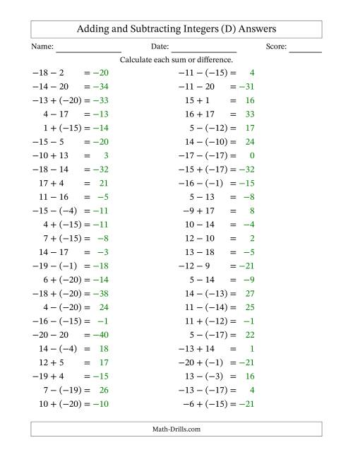The Adding and Subtracting Mixed Integers from -20 to 20 (50 Questions) (D) Math Worksheet Page 2