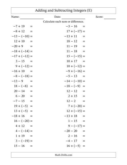 The Adding and Subtracting Mixed Integers from -20 to 20 (50 Questions) (E) Math Worksheet