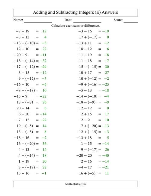 The Adding and Subtracting Mixed Integers from -20 to 20 (50 Questions) (E) Math Worksheet Page 2