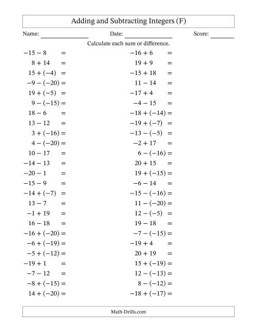 The Adding and Subtracting Mixed Integers from -20 to 20 (50 Questions) (F) Math Worksheet