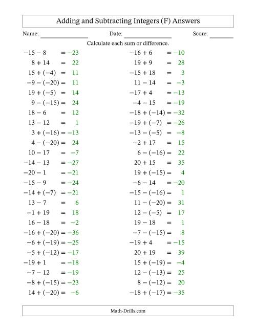 The Adding and Subtracting Mixed Integers from -20 to 20 (50 Questions) (F) Math Worksheet Page 2