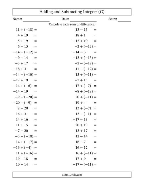 The Adding and Subtracting Mixed Integers from -20 to 20 (50 Questions) (G) Math Worksheet