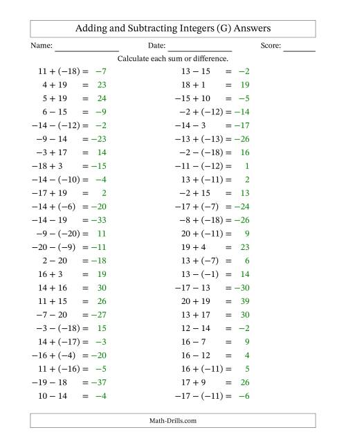 The Adding and Subtracting Mixed Integers from -20 to 20 (50 Questions) (G) Math Worksheet Page 2