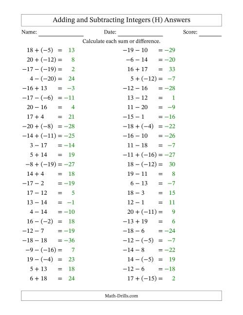 The Adding and Subtracting Mixed Integers from -20 to 20 (50 Questions) (H) Math Worksheet Page 2