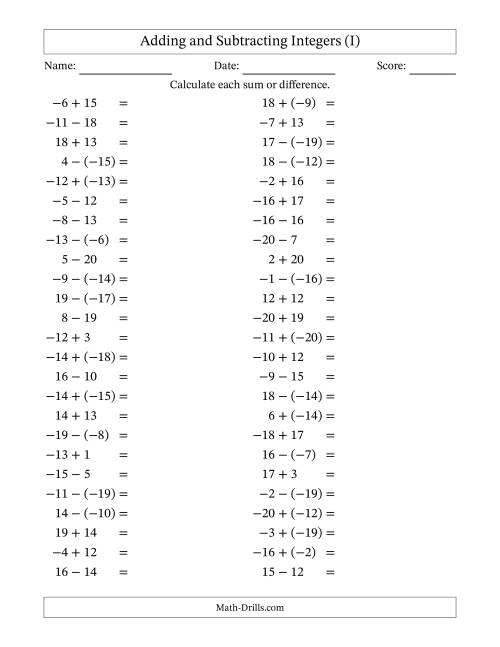 The Adding and Subtracting Mixed Integers from -20 to 20 (50 Questions) (I) Math Worksheet