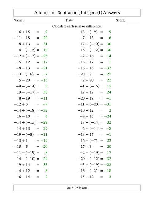 The Adding and Subtracting Mixed Integers from -20 to 20 (50 Questions) (I) Math Worksheet Page 2