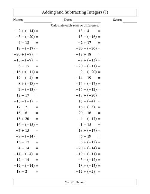 The Adding and Subtracting Mixed Integers from -20 to 20 (50 Questions) (J) Math Worksheet