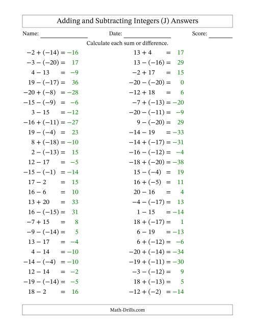 The Adding and Subtracting Mixed Integers from -20 to 20 (50 Questions) (J) Math Worksheet Page 2