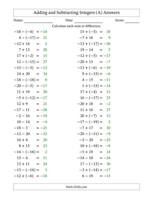 The Adding and Subtracting Mixed Integers from -20 to 20 (50 Questions) (All) Math Worksheet Page 2