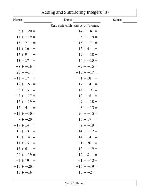 The Adding and Subtracting Mixed Integers from -20 to 20 (50 Questions; No Parentheses) (B) Math Worksheet