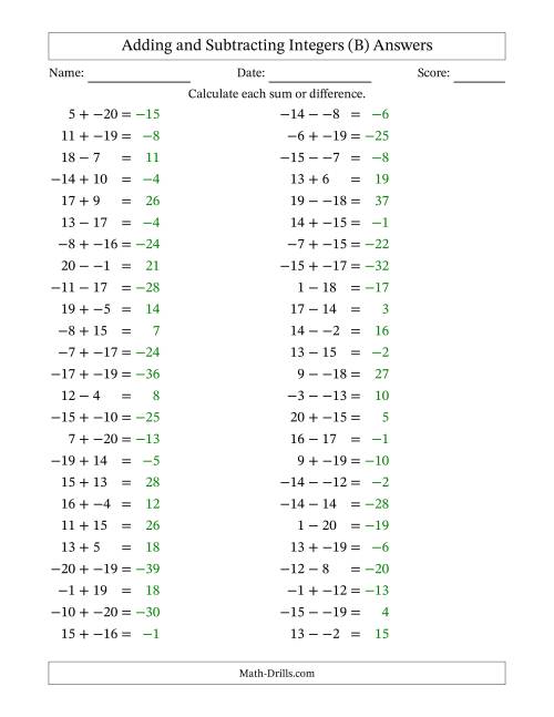 The Adding and Subtracting Mixed Integers from -20 to 20 (50 Questions; No Parentheses) (B) Math Worksheet Page 2
