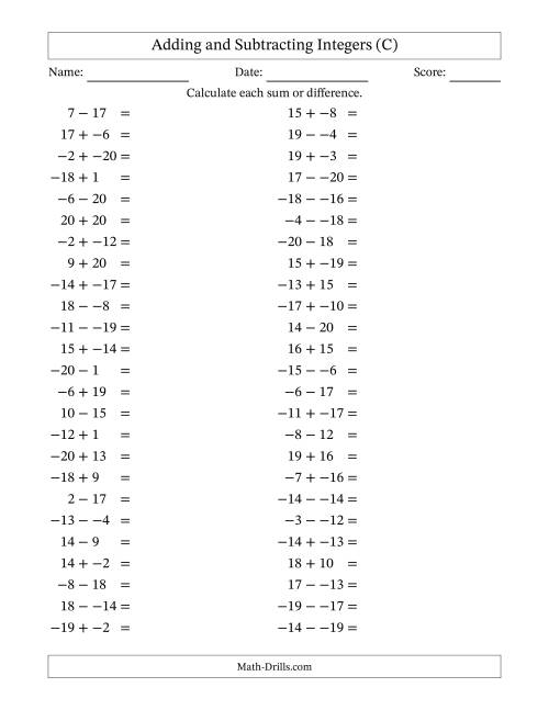 The Adding and Subtracting Mixed Integers from -20 to 20 (50 Questions; No Parentheses) (C) Math Worksheet