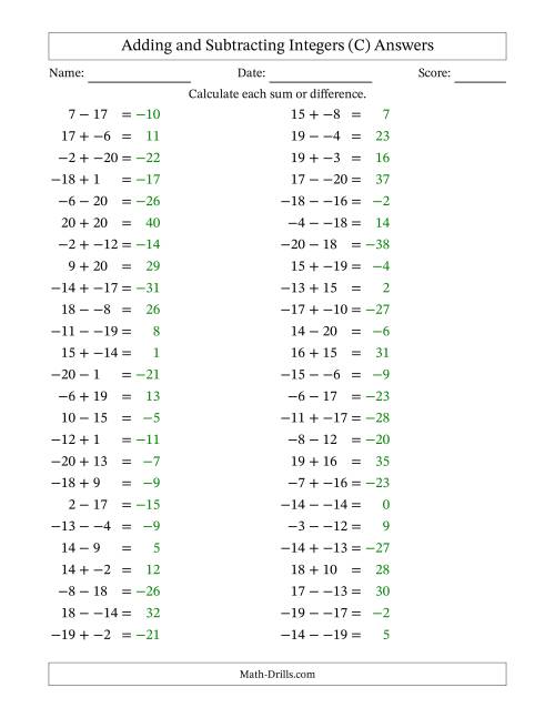 The Adding and Subtracting Mixed Integers from -20 to 20 (50 Questions; No Parentheses) (C) Math Worksheet Page 2