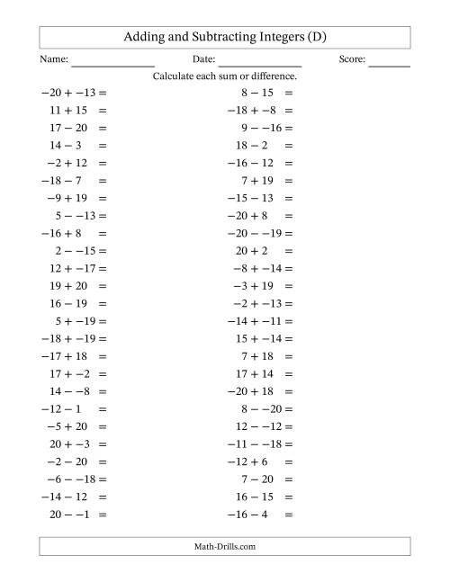 The Adding and Subtracting Mixed Integers from -20 to 20 (50 Questions; No Parentheses) (D) Math Worksheet