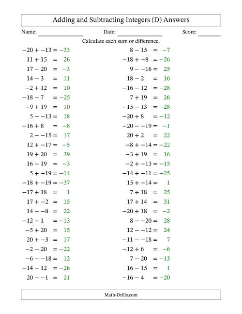 The Adding and Subtracting Mixed Integers from -20 to 20 (50 Questions; No Parentheses) (D) Math Worksheet Page 2