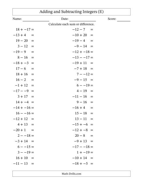 The Adding and Subtracting Mixed Integers from -20 to 20 (50 Questions; No Parentheses) (E) Math Worksheet