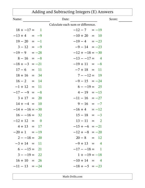 The Adding and Subtracting Mixed Integers from -20 to 20 (50 Questions; No Parentheses) (E) Math Worksheet Page 2