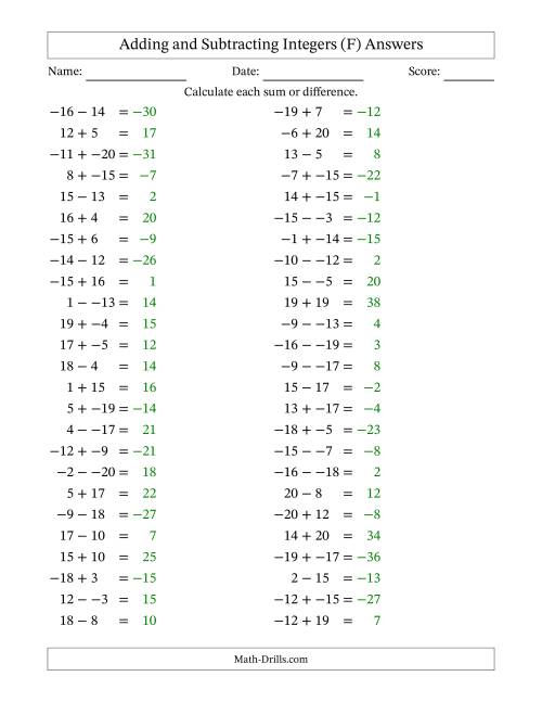 The Adding and Subtracting Mixed Integers from -20 to 20 (50 Questions; No Parentheses) (F) Math Worksheet Page 2