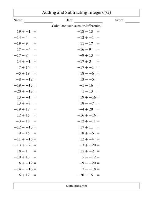 The Adding and Subtracting Mixed Integers from -20 to 20 (50 Questions; No Parentheses) (G) Math Worksheet