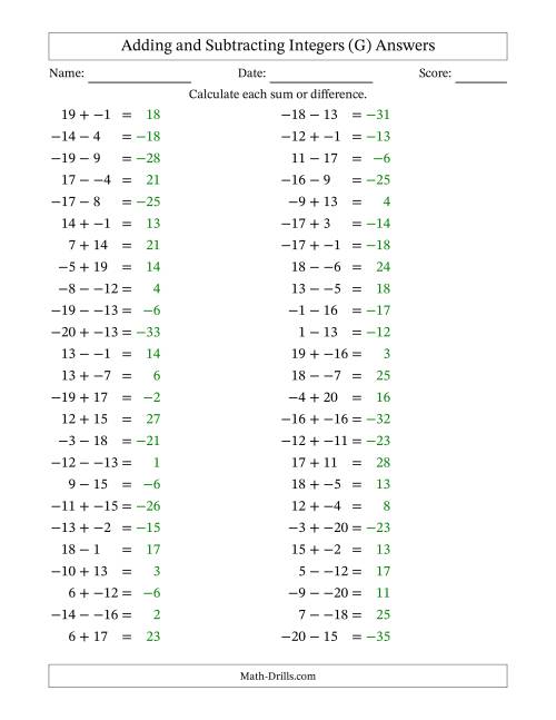 The Adding and Subtracting Mixed Integers from -20 to 20 (50 Questions; No Parentheses) (G) Math Worksheet Page 2