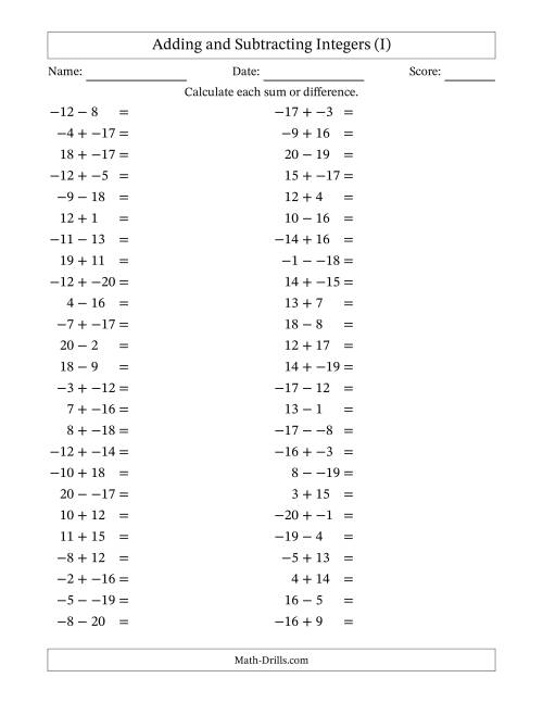 The Adding and Subtracting Mixed Integers from -20 to 20 (50 Questions; No Parentheses) (I) Math Worksheet