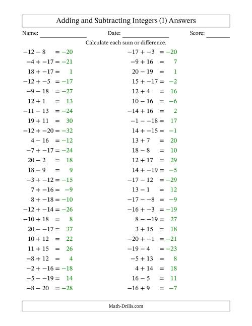 The Adding and Subtracting Mixed Integers from -20 to 20 (50 Questions; No Parentheses) (I) Math Worksheet Page 2