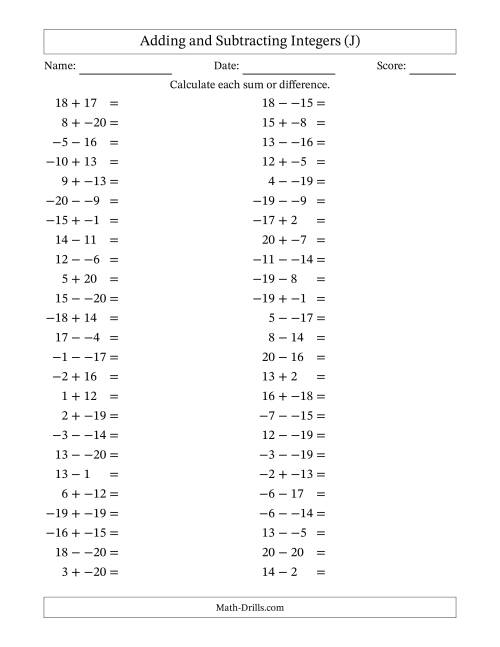 The Adding and Subtracting Mixed Integers from -20 to 20 (50 Questions; No Parentheses) (J) Math Worksheet