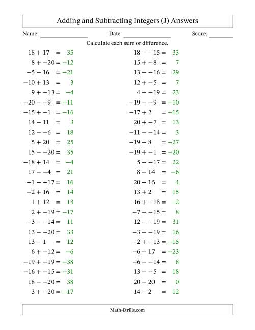 The Adding and Subtracting Mixed Integers from -20 to 20 (50 Questions; No Parentheses) (J) Math Worksheet Page 2