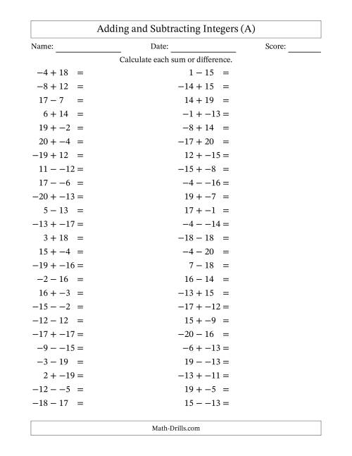 The Adding and Subtracting Mixed Integers from -20 to 20 (50 Questions; No Parentheses) (All) Math Worksheet