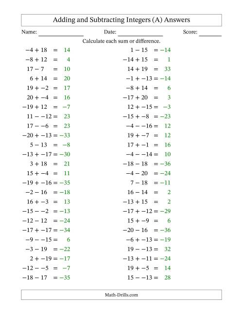 The Adding and Subtracting Mixed Integers from -20 to 20 (50 Questions; No Parentheses) (All) Math Worksheet Page 2