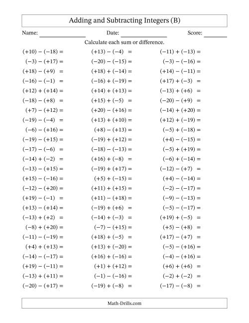 The Adding and Subtracting Mixed Integers from -20 to 20 (75 Questions; All Parentheses) (B) Math Worksheet