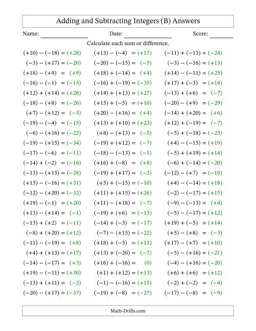 The Adding and Subtracting Mixed Integers from -20 to 20 (75 Questions; All Parentheses) (B) Math Worksheet Page 2