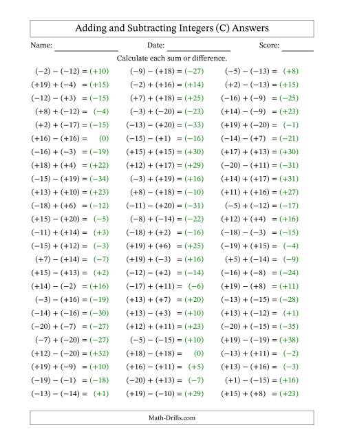 The Adding and Subtracting Mixed Integers from -20 to 20 (75 Questions; All Parentheses) (C) Math Worksheet Page 2