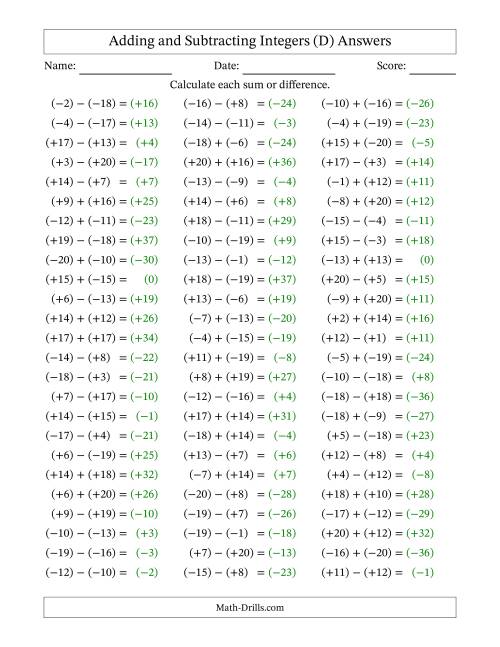 The Adding and Subtracting Mixed Integers from -20 to 20 (75 Questions; All Parentheses) (D) Math Worksheet Page 2
